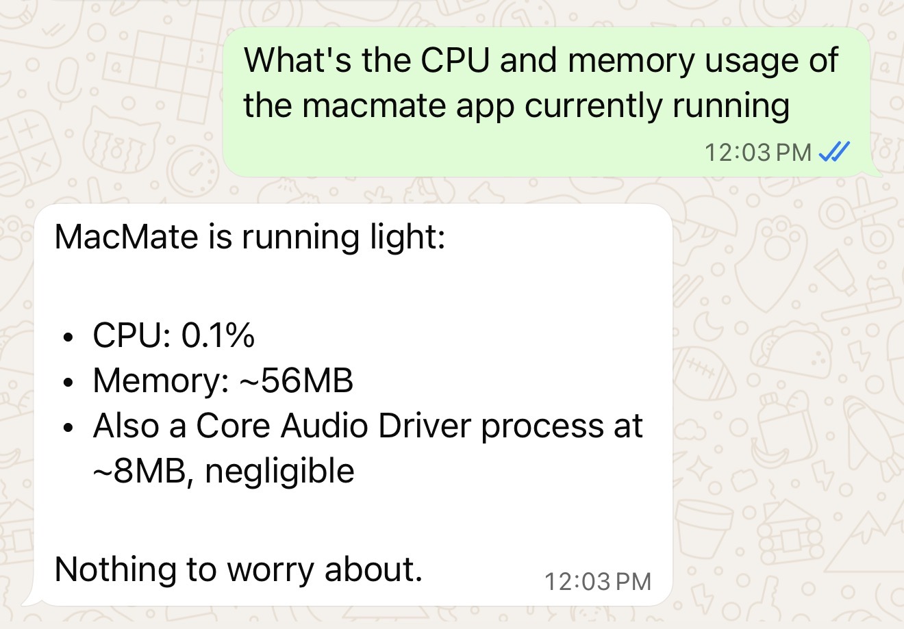 MacMate resource usage: CPU 0.1%, Memory ~56MB